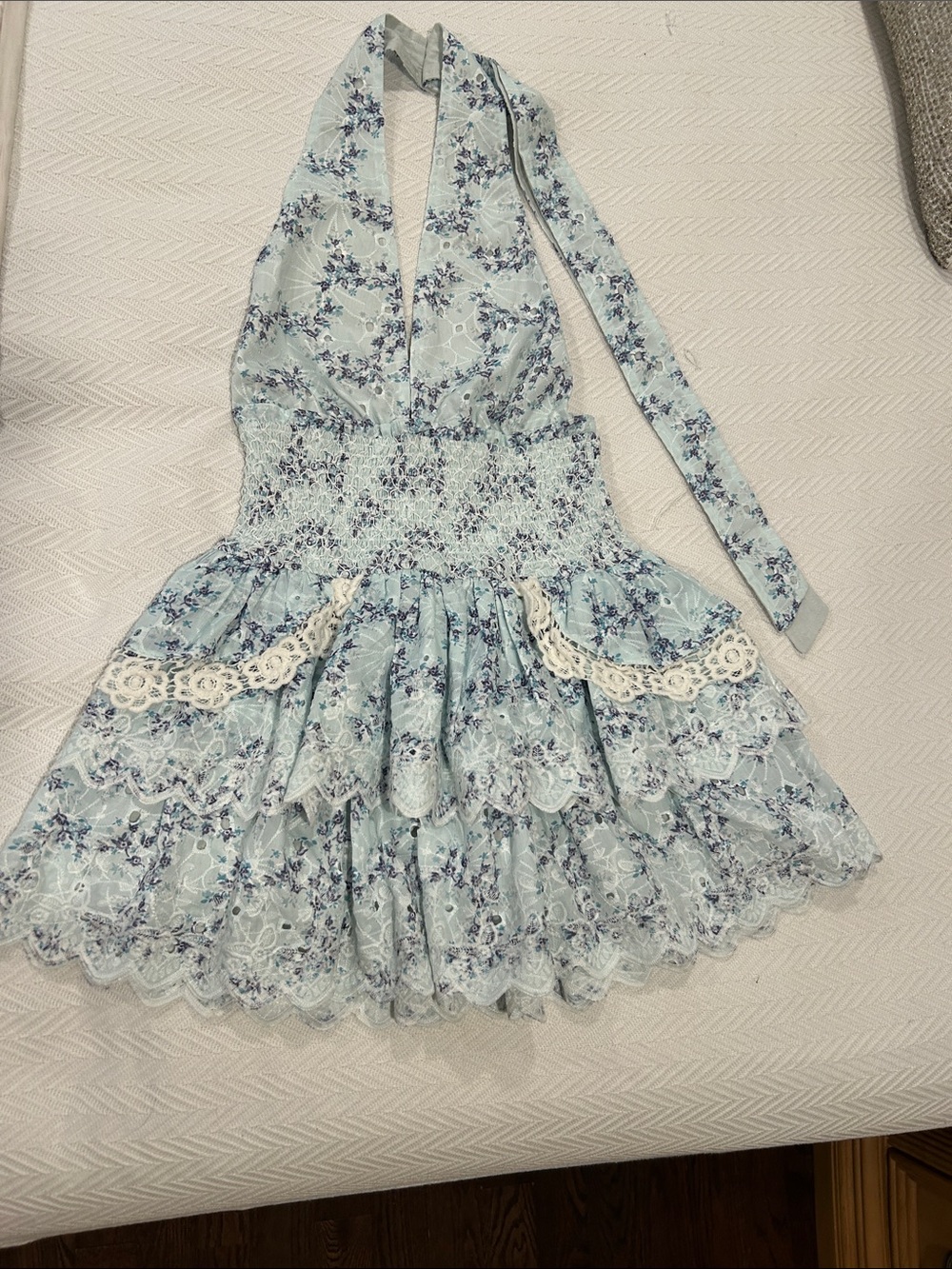 NWT Light Blue Floral Halter Mini Dress with Lace Trim